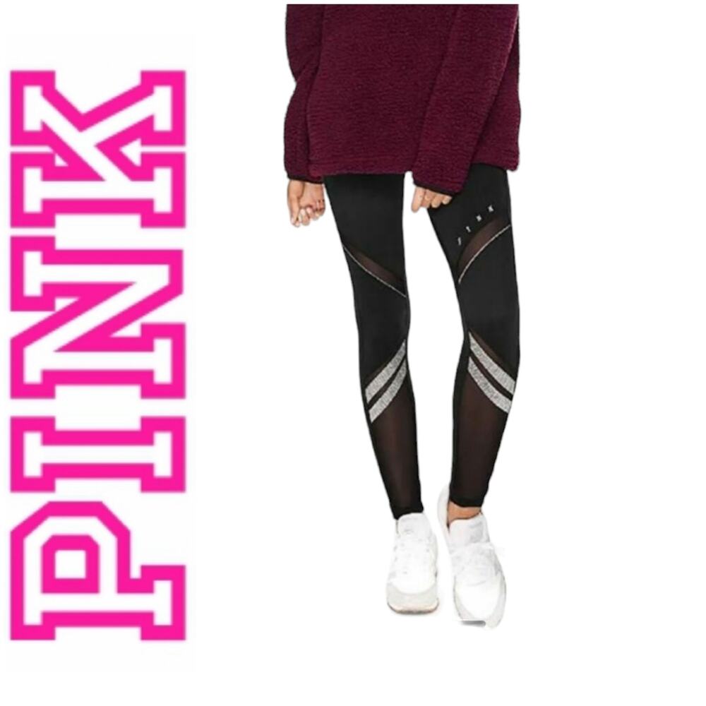 VS PINK Performance Size Small Black Leggings Reflective Pink stripes and mesh